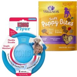KONG Puppy Flyer Dog Toy, Color Varies & Wellness Soft Puppy Bites Lamb & Salmon Recipe Grain-Free Natural Dog Treats