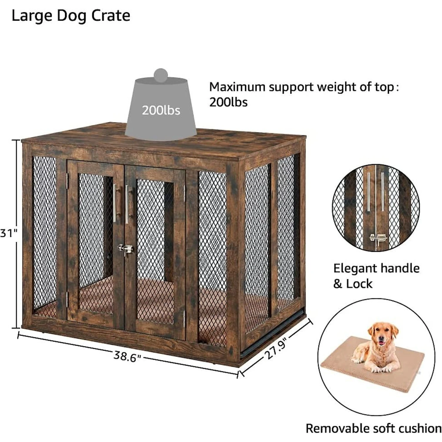 Unipaws Furniture Style Dog Crate With Tray, Rustic Brown 5 Unipaws Furniture Style Dog Crate With Tray, Rustic Brown - Image 5