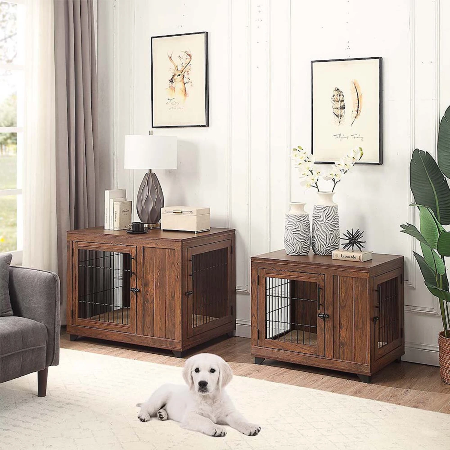 Unipaws Wooden Wire Furniture End Table Dog Crate, Walnut 7 Unipaws Wooden Wire Furniture End Table Dog Crate, Walnut - Image 7