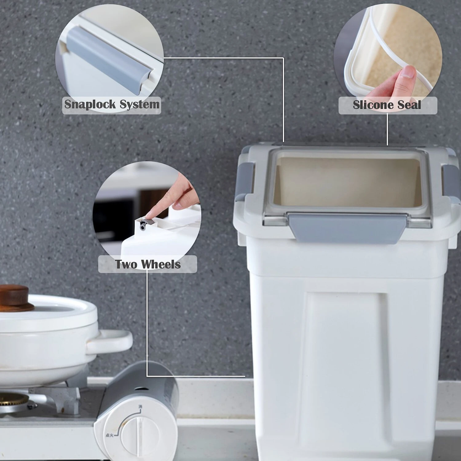 Hanamya Pet Food Storage Container With Measuring Cup, White & Gray 2 Hanamya Pet Food Storage Container With Measuring Cup, White & Gray - Image 2