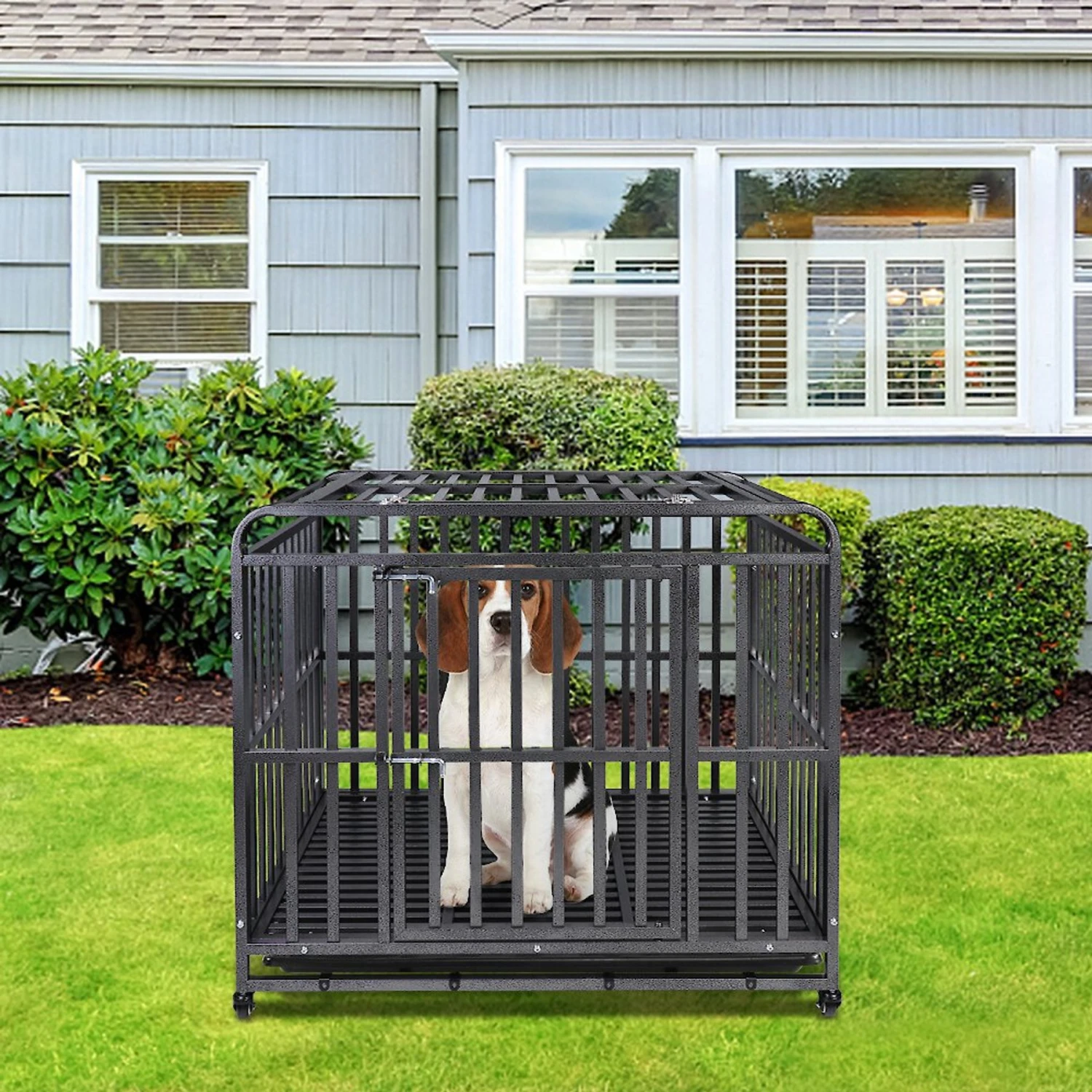 SMONTER Heavy Duty Metal Anxiety Indoor & Outdoor Large Breed Dog Crate, Dark Silver 1 SMONTER Heavy Duty Metal Anxiety Indoor & Outdoor Large Breed Dog Crate, Dark Silver