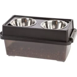 IRIS USA WeatherPro Airtight Elevated Pet Feeder With Food Storage Container & Bowls In Lid