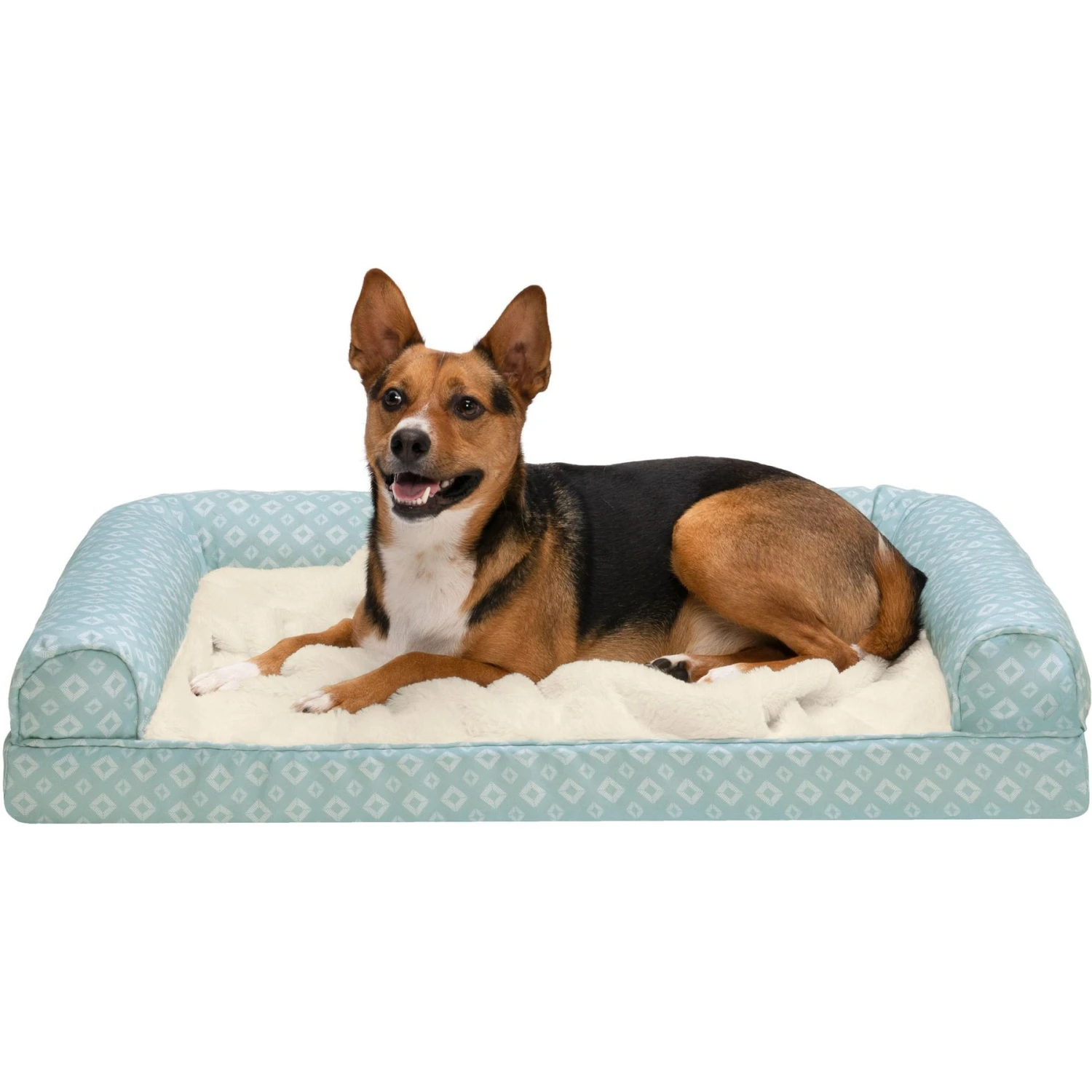 FurHaven Plush Fur & Diamond Print Nest-Top Cooling Gel Sofa Cat & Dog Bed 1 FurHaven Plush Fur & Diamond Print Nest-Top Cooling Gel Sofa Cat & Dog Bed