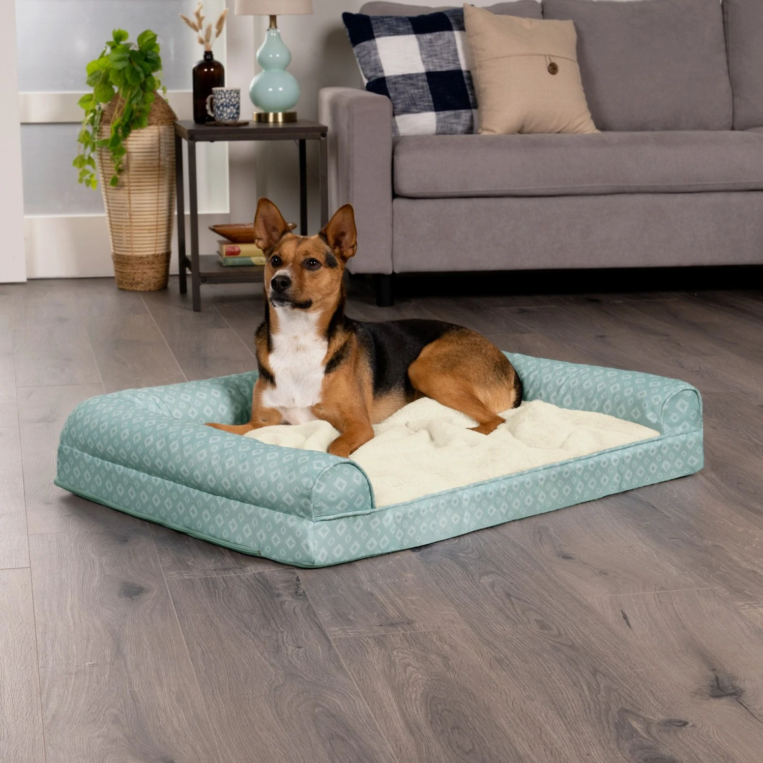 FurHaven Plush Fur & Diamond Print Nest-Top Cooling Gel Sofa Cat & Dog Bed 3 FurHaven Plush Fur & Diamond Print Nest-Top Cooling Gel Sofa Cat & Dog Bed - Image 3