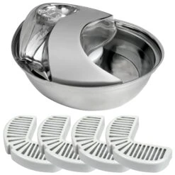 Pioneer Pet Stainless Steel Dog & Cat Fountain Raindrop Design & Pioneer Pet Replacement Filters For Ceramic & Stainless Steel Fountains